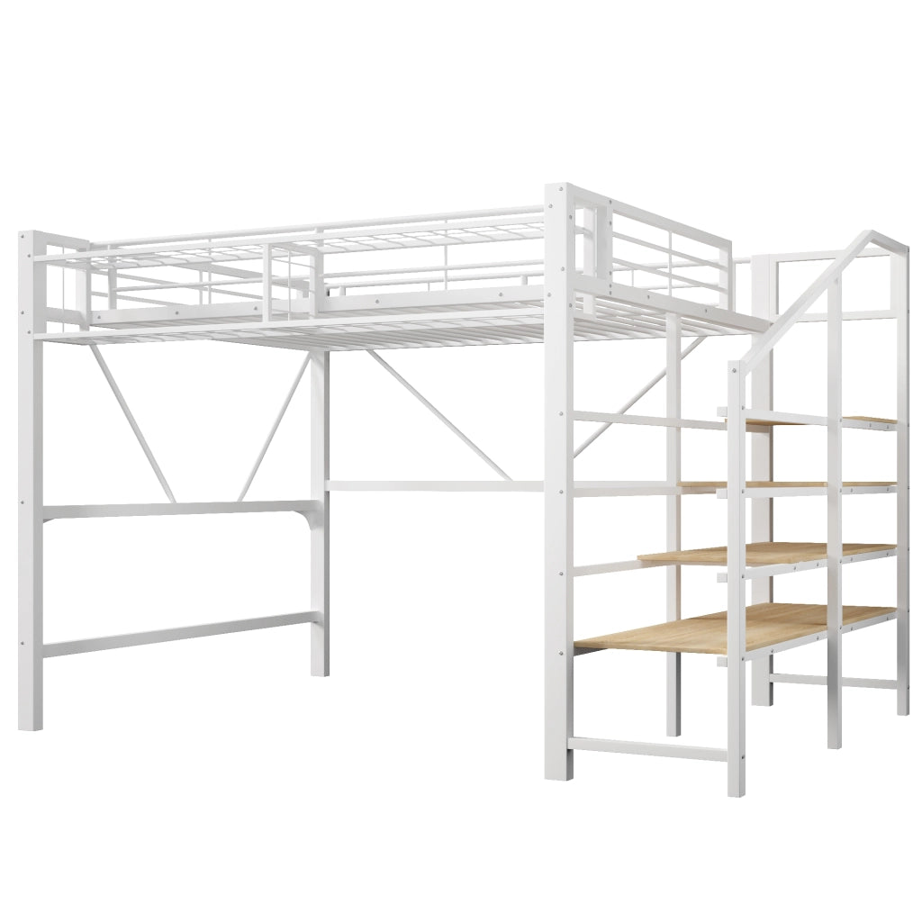 Letto a soppalco 140x200 cm in metallo e MDF con scala a ripiani; LED; bianco