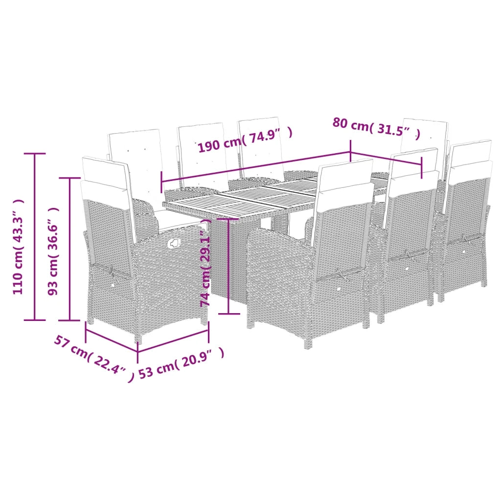 Set da Pranzo da Giardino 9 pz con Cuscini Beige in Polyrattan 3212511