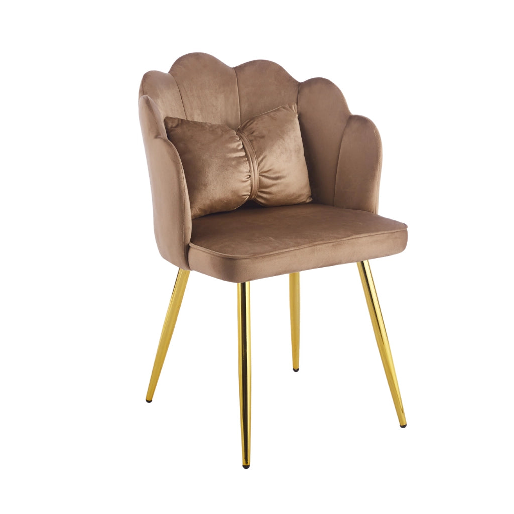 Poltroncina Elegante in Velluto con Schienale a Conchiglia, Cuscino e Gambe in Acciaio, Sedia Imbottita elegante Tortora