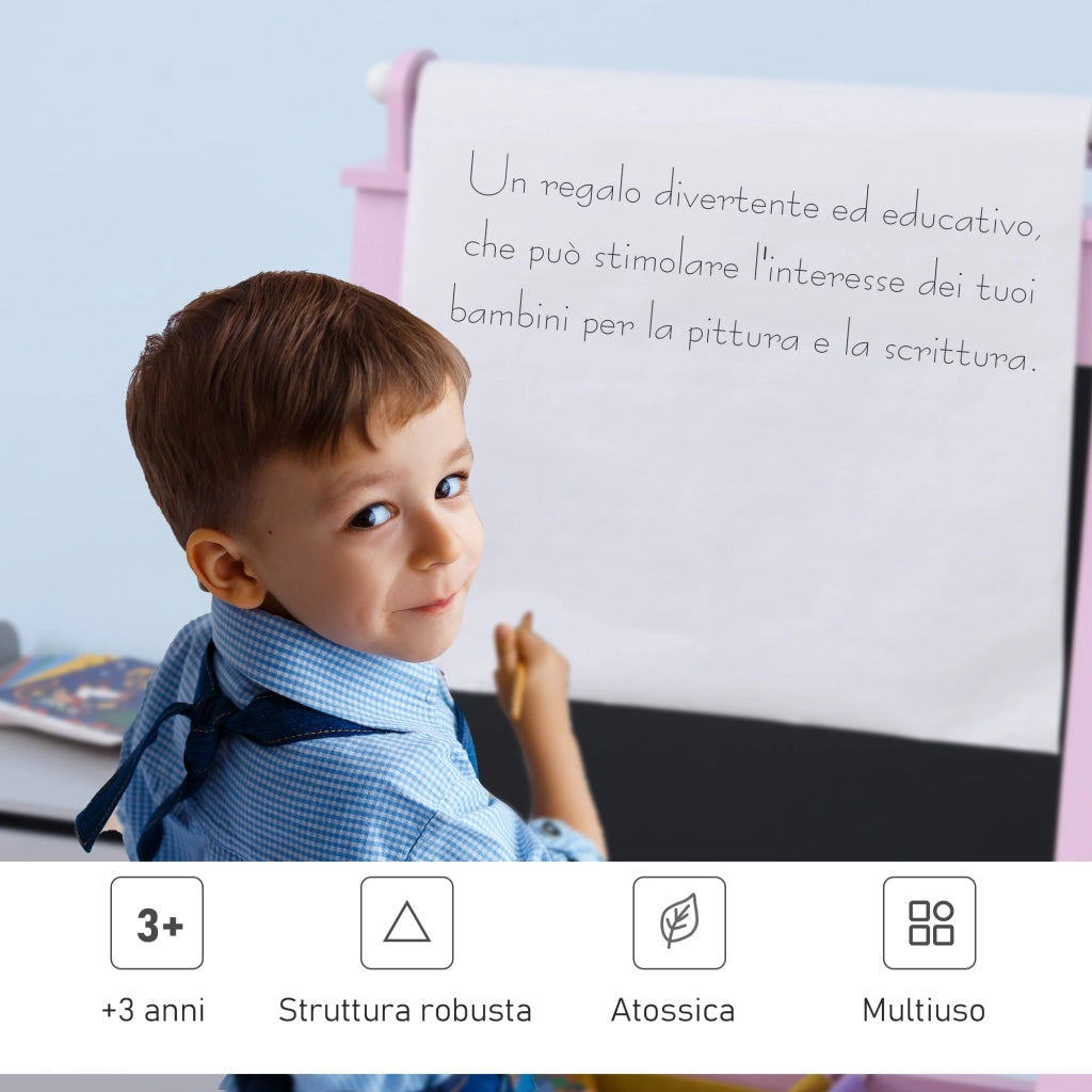 Lavagnetta cavalletto 3 in 1 per bambini ¨C Xylo ¨C legno rosa bianco nero con rullo carta
