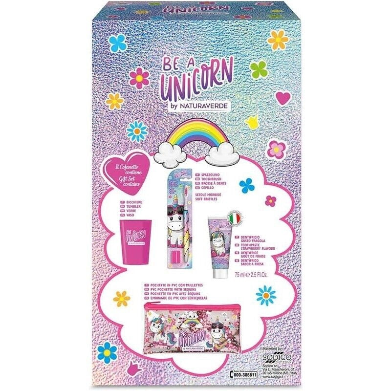 UNICORNO COFANETTO REGALO CON SPAZZOLINO DA DENTI MANUALE CON SETOLE MEDIE E DENTIFRICIO ALLA FRAGOLA, 75 ML
