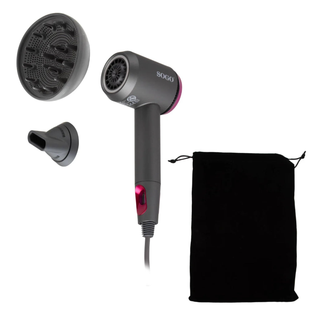 Asciugacapelli ionico 1800W con diffusore e concentratore magnetico, 4 temperature e display LED, per capelli lisci e ricci - Sogo