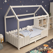 Letto a casetta 90x200 cm in legno per bambini con sponda di sicurezza e rete a doghe, bianco