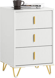 Cassettiera da Notte - Tavolo da Salotto - Tavolino da Soggiorno - 3 Comparti per Organizzazione Facile - Protezioni per Pavimento - Bianco Elegante con Maniglie d'Oro - 40cm x 63cm x 40cm