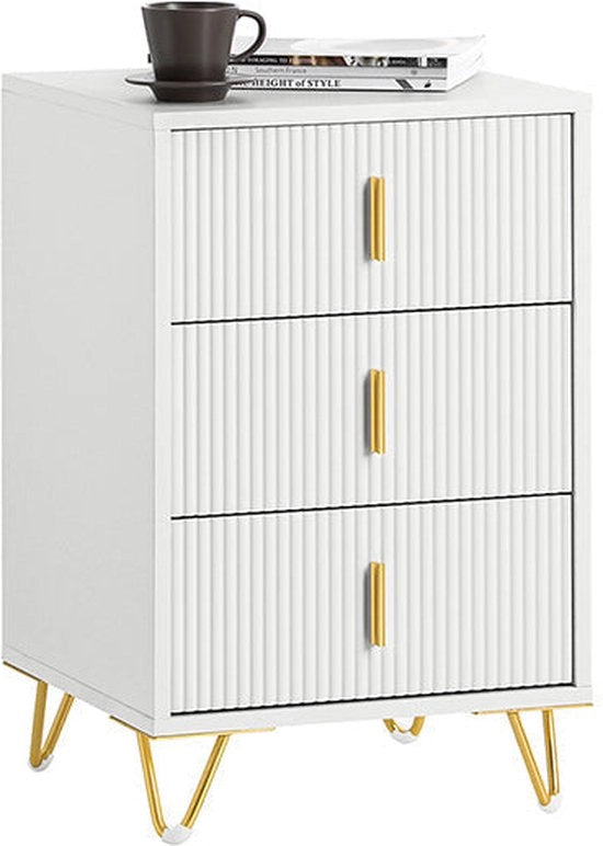 Cassettiera da Notte - Tavolo da Salotto - Tavolino da Soggiorno - 3 Comparti per Organizzazione Facile - Protezioni per Pavimento - Bianco Elegante con Maniglie d'Oro - 40cm x 63cm x 40cm
