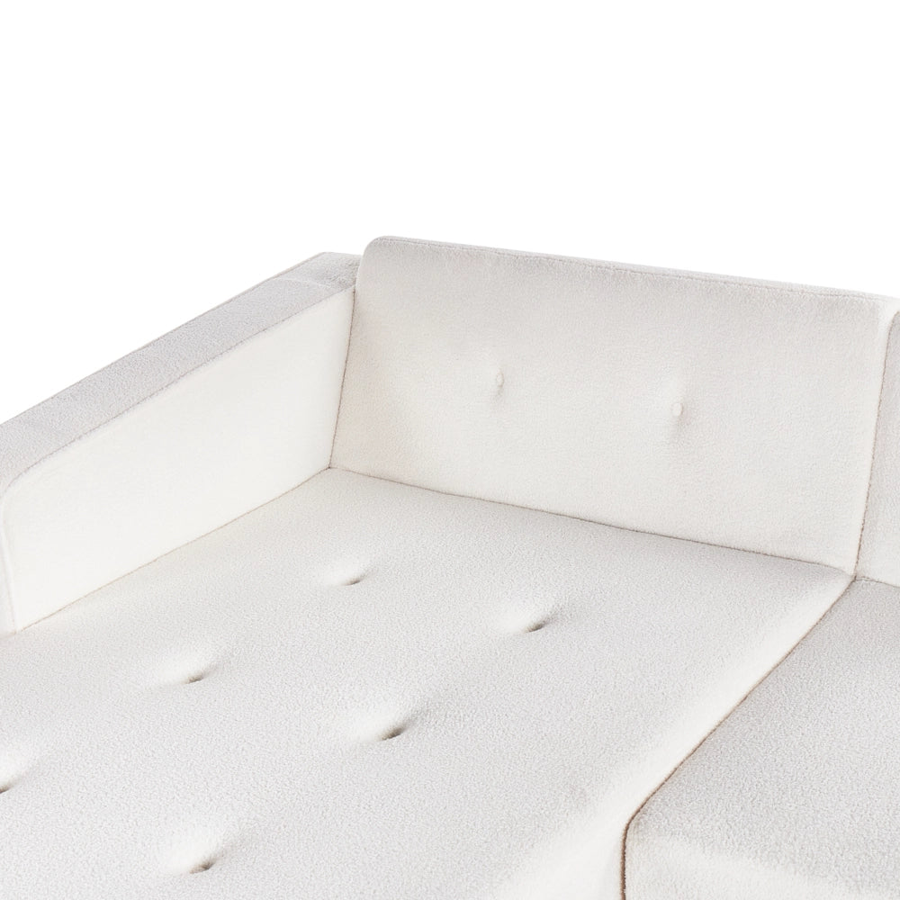 Divano letto ad angolo lato destro con bottoni in bouclè bianco sporco a 4 posti stile elegante