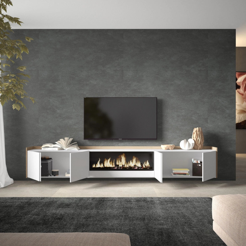Mobile TV Soggiorno, 315x50x35 cm, Per TV fino a 80", Camino elettrico XXL, Sospeso, da appendere, Bianco e Rovere soft