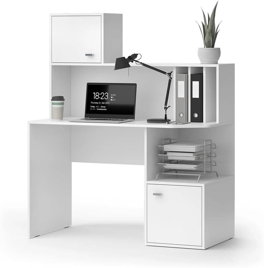 Scrivania con ripiani Alwin, Bianco, 115 x 55 cm con 2 porte, adatto all'uso come postazione di lavoro con superfici d'appoggio
