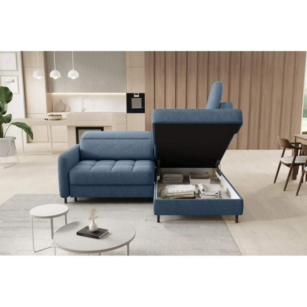 Divano angolare destro convertibile BARNEA 208 cm blu navy mélange con contenitore