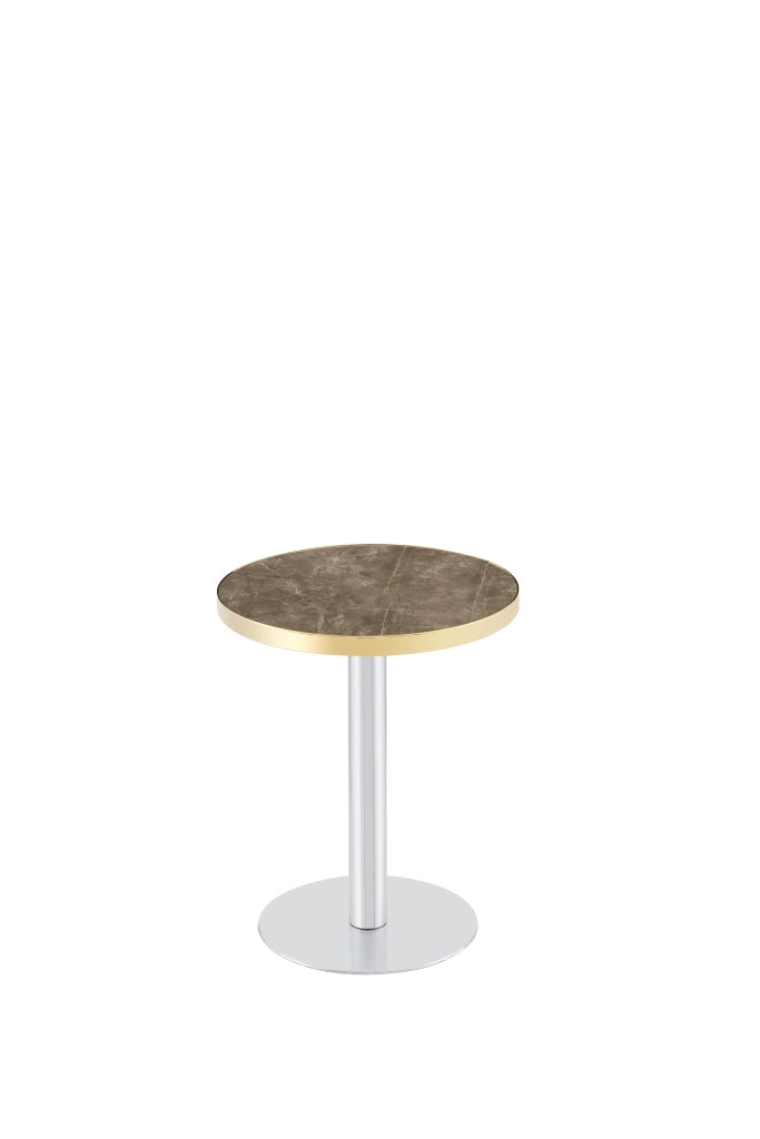 Tavolino basso rotondo con piano effetto marmo, base cilindrica e bordo in acciaio dorato, in MDF, grigio