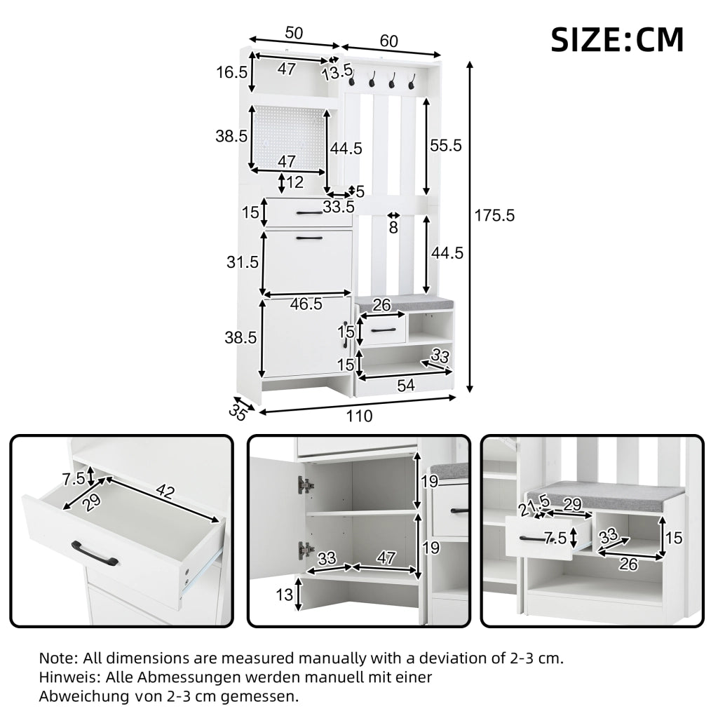 Mobili da ingresso con panca portascarpe e 2 cassetti, 7 ganci e pannello forato, bianco 110 × 35 × 175,5 cm