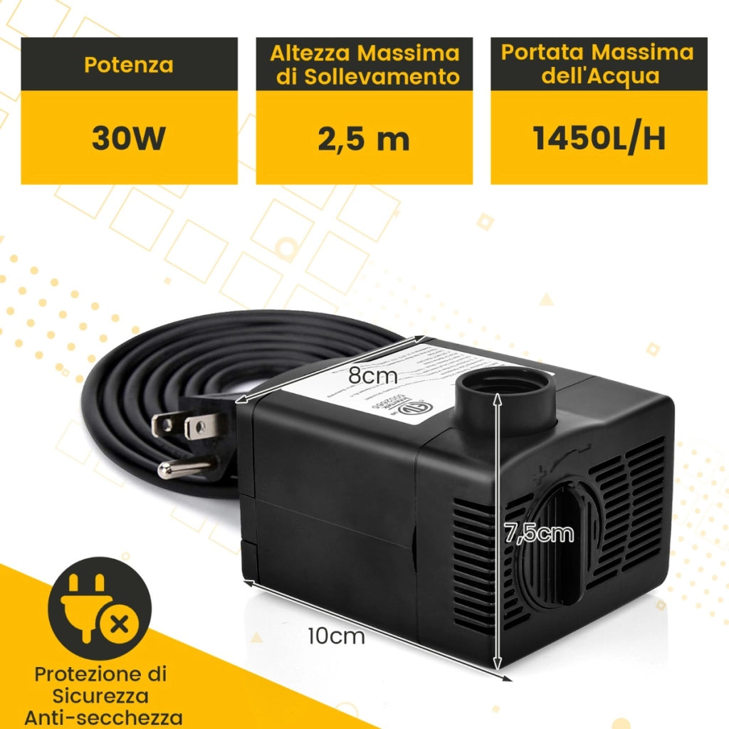 Pompa sommergibile da 1450 L/H, Pompa per fontane con sollevamento di 2,5 metri e 3 ugelli per acquari Nero-Altri animali