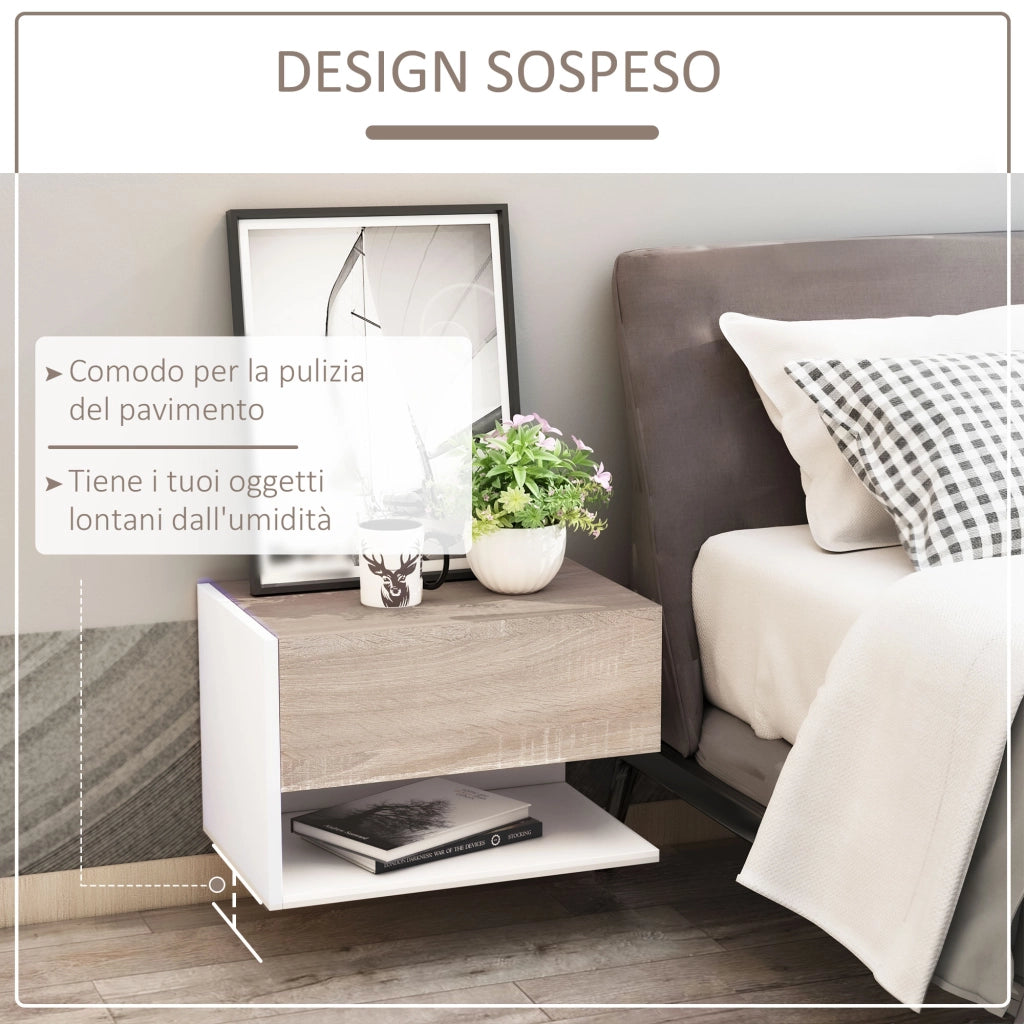 Set 2 Comodini Sospesi a Parete con Cassetto e Mensola Bianco e Rovere