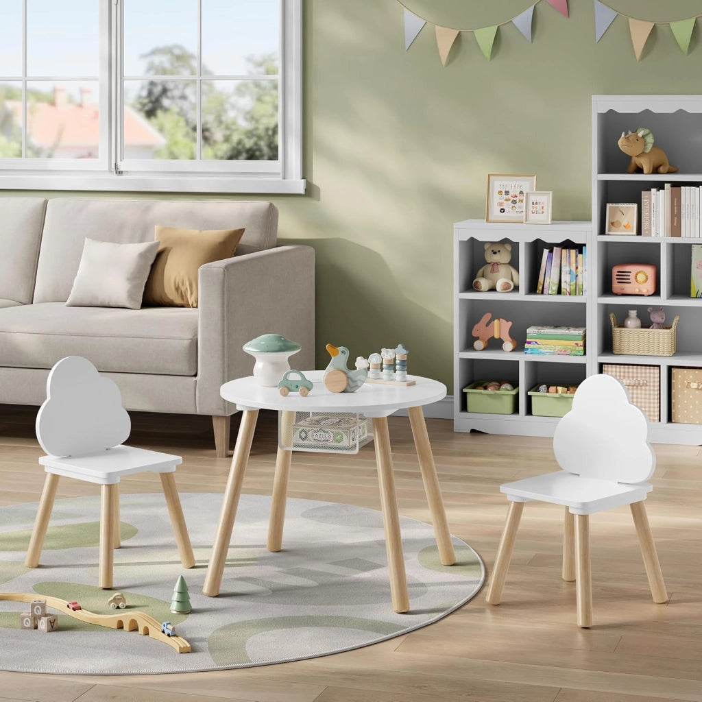 Set di Tavolo e Sedie per Bambini, Rotondo in Legno Con 2 Sedie, Tavolino a 3 Pezzi per Asilo Nido, Bianco