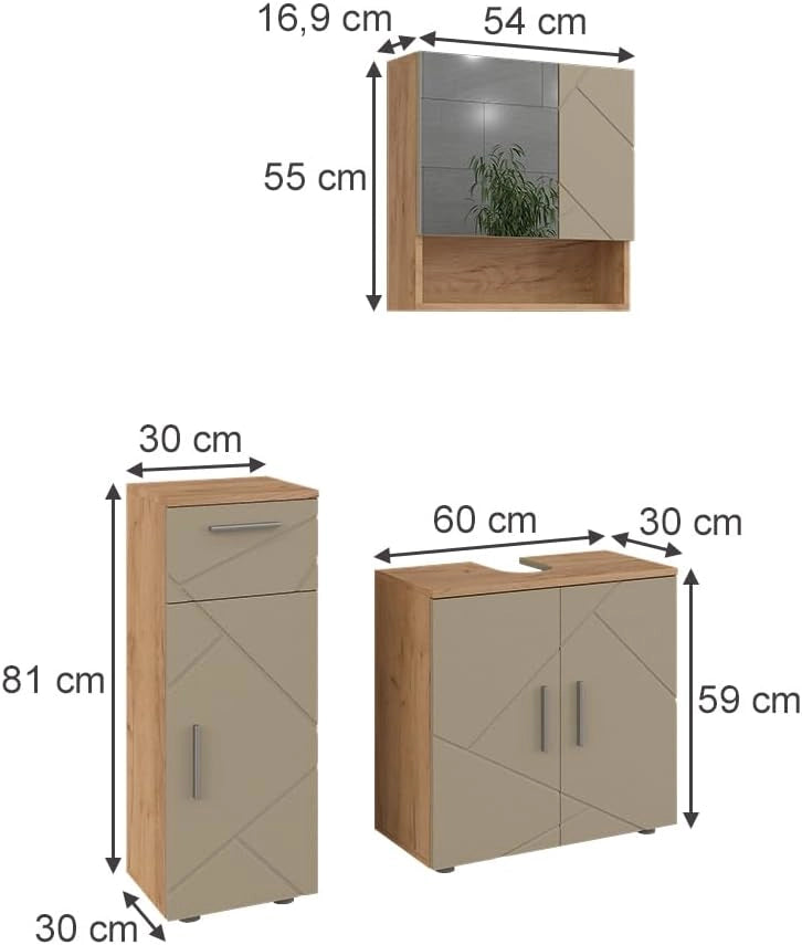 Set di mobili da bagno Irma, Beige, 60 cm, composto da mobile sottolavabo, specchiera e mobile medio