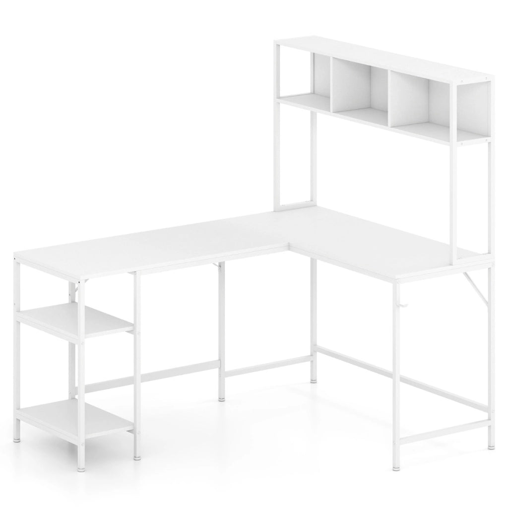 Scrivania per computer a forma di l con pensile ripiani e gancio libreria, Scrivania per computer ufficio domestico Bianco