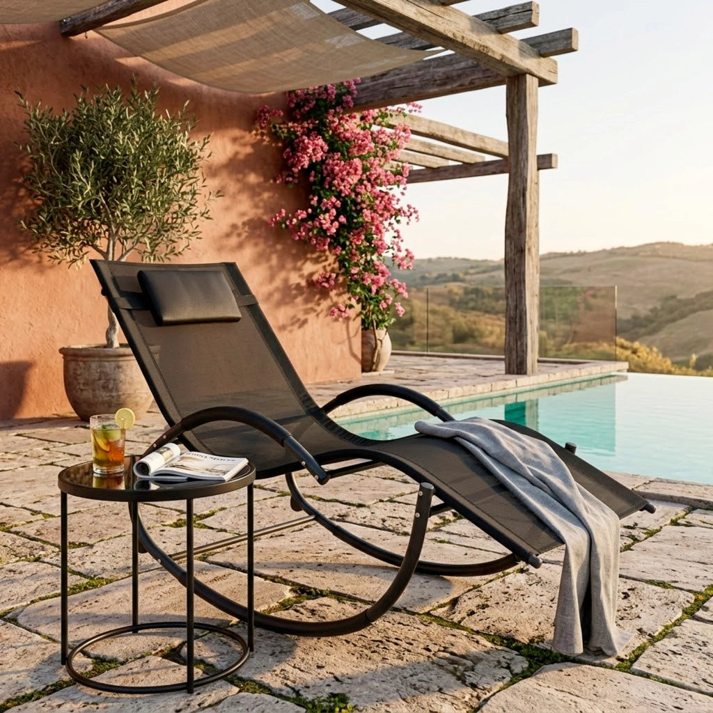 Sedia Basculante Da Giardino Ergonomica Con Poggiatesta Removibile In Textilene Traspirante Lettino Relax A Dondolo Per Piscina Terrazza Balcone Outdoor 155 x 61 x 88 Cm Nero