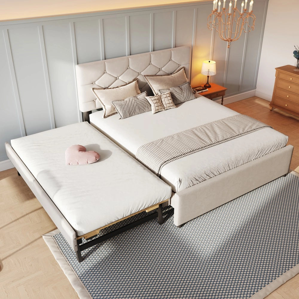 Letto Imbottito con Rete a Doghe e Cassetti ¨C Minimal ¨C Beige Velluto 140x200cm