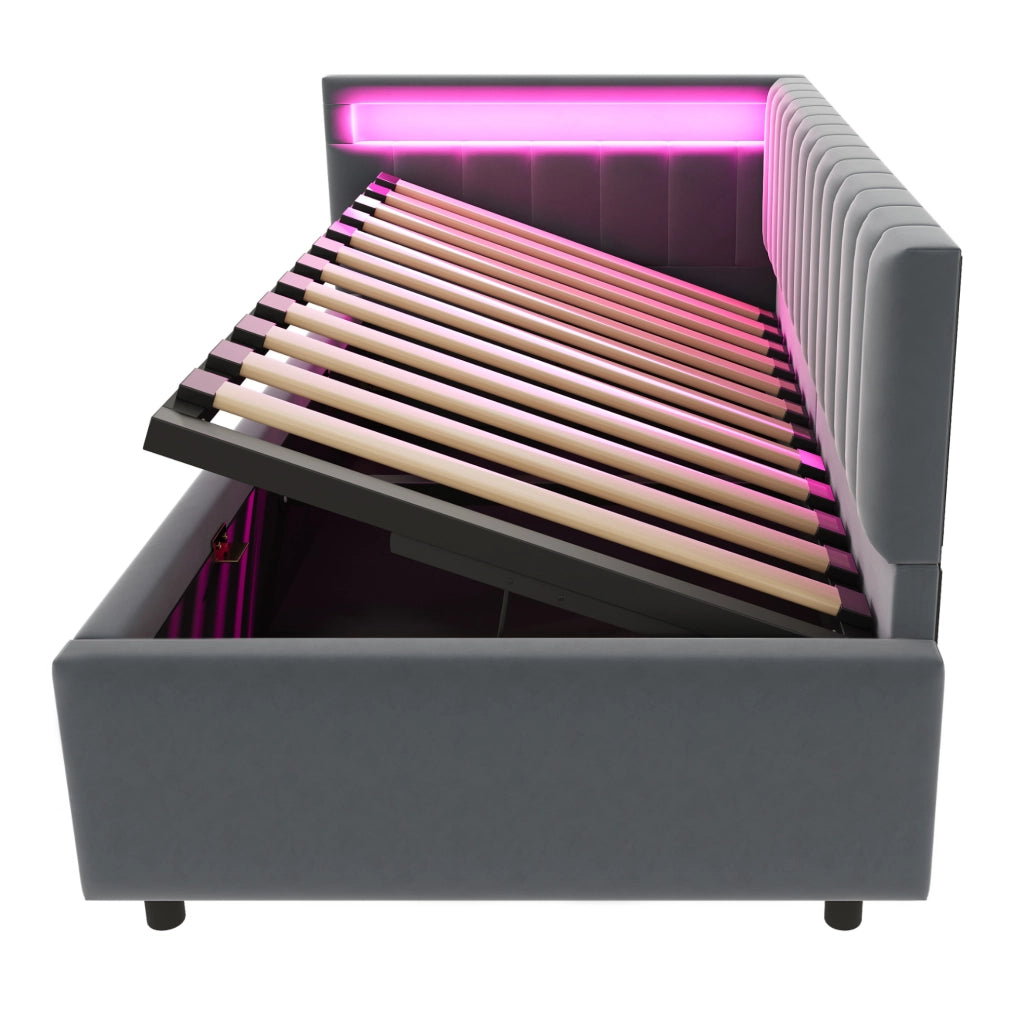 Divano letto 90x200 cm con LED e contenitore; velluto grigio (Senza materasso)