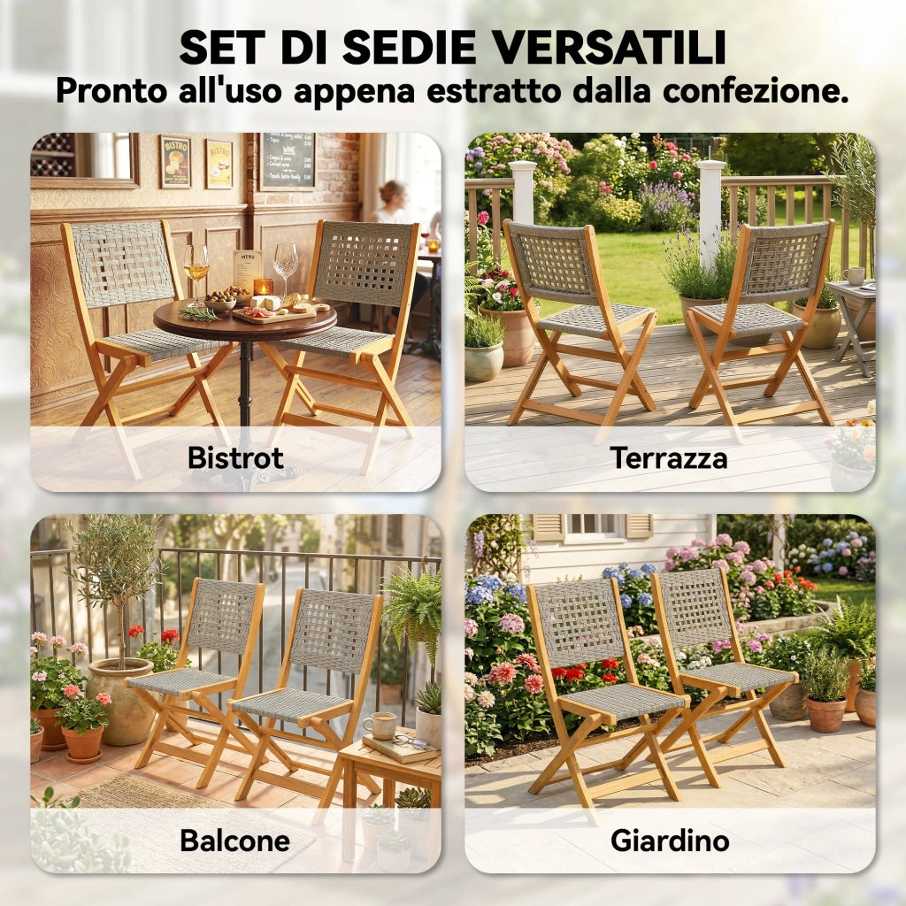Sedia Pieghevole da Giardino ¨C Zephmum ¨C Rattan PE, Legno Acacia, Grigio, 2 Pezzi
