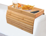 Tavolo da soggiorno in bambù per bracciolo flessibile, con superficie antiscivolo, tavolo da soggiorno pieghevole con cassetto per armrest per telecomando, snack, telefono cellulare, bevande, bicchiere.