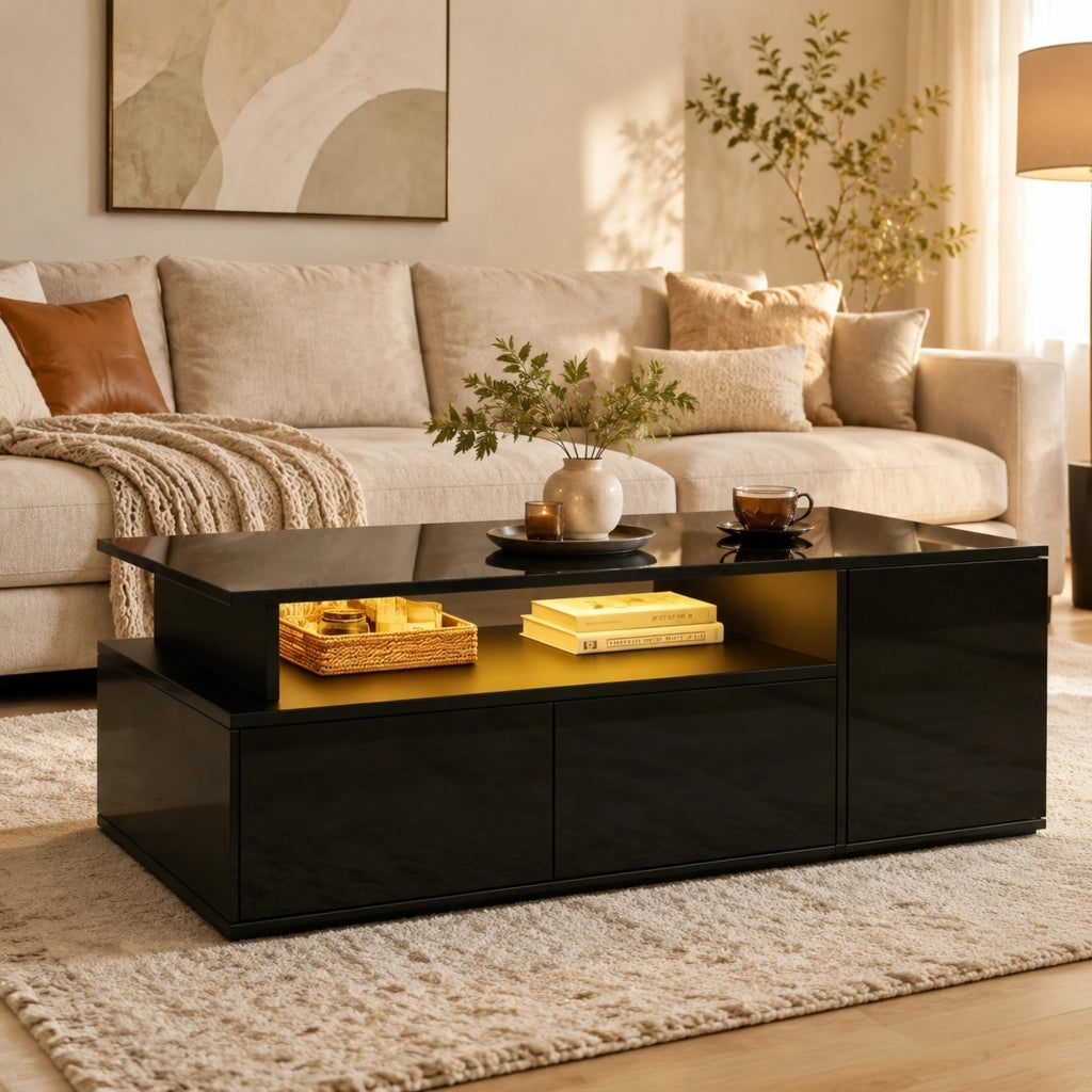 Tavolino da caffè LED nero con 2 cassetti, 100x50x35 cm