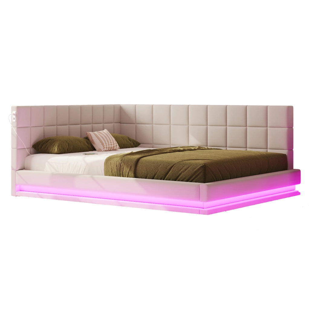 Divano letto imbottito 160x200 cm beige con LED e USB
