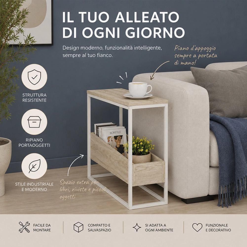 Tavolino Laterale Divano con 2 Ripiani Tavolo Multiuso Bianco e Beige 60x22x62cm