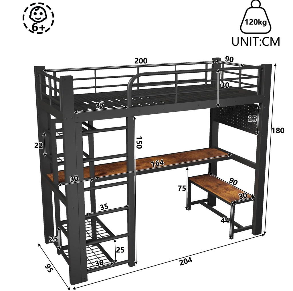 Letto a soppalco 90x200 cm con scrivania; asta appendiabiti; pannello forato; metallo nero