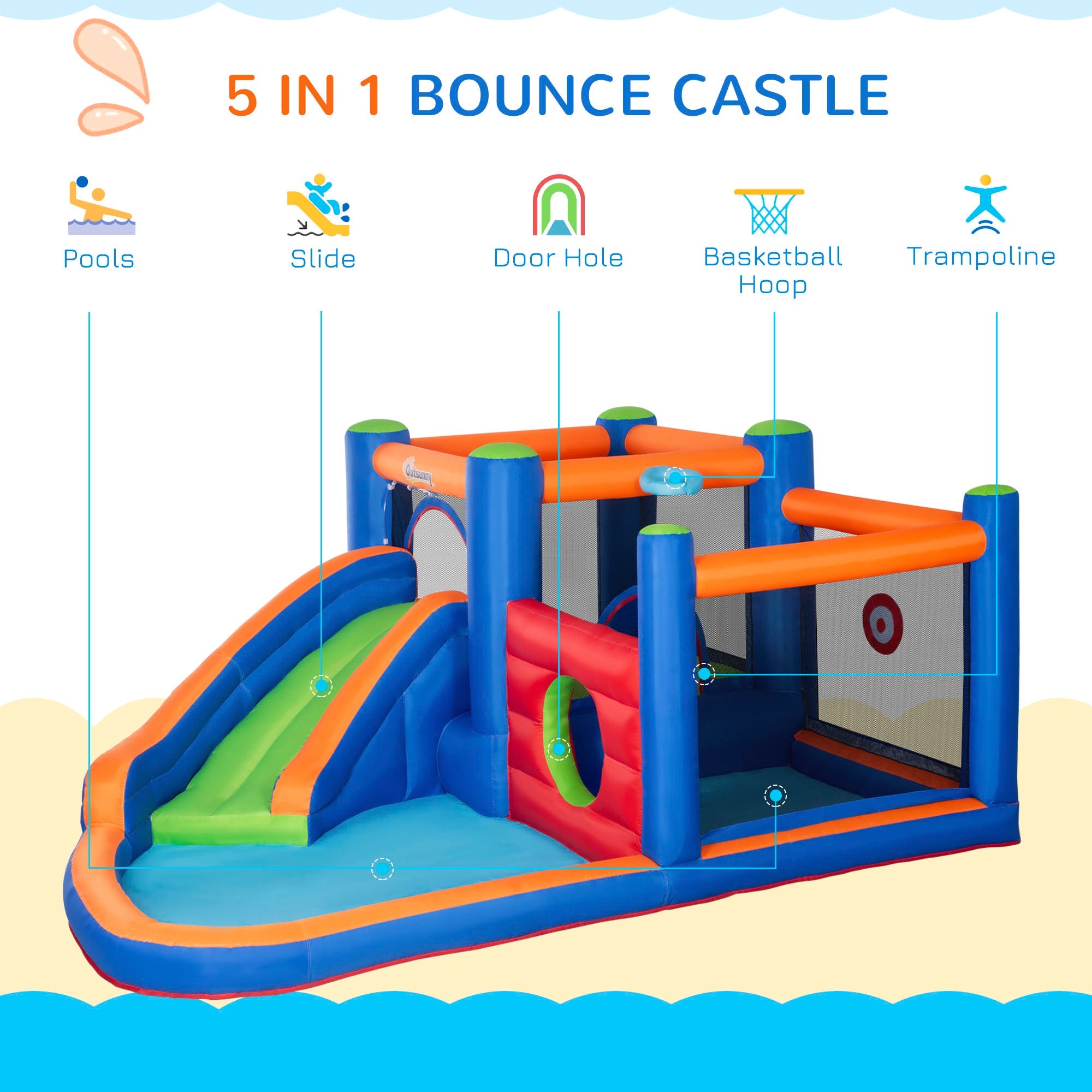 Castello Giostra Gonfiabile 380x340x170 cm con Scivolo Piscina e Pompa Multicolor