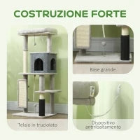 Albero per Gatti Multilivello Alto 132 cm con Casetta, Lettino, Pali Tiragraffi, Spazzola e Pallina, Grigio
