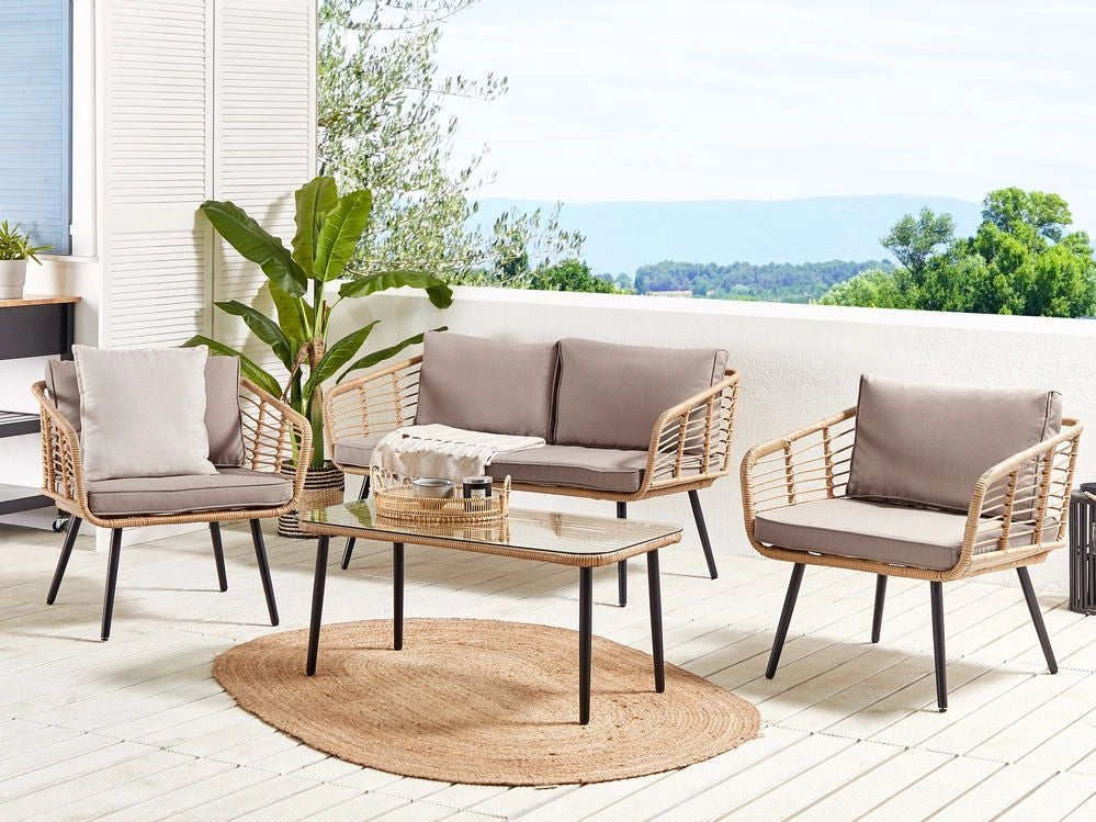 Balcone set bistrot Beige Rattan sintetico Cuscini Tavolino e 2 Sedie Design Esterno Moderno