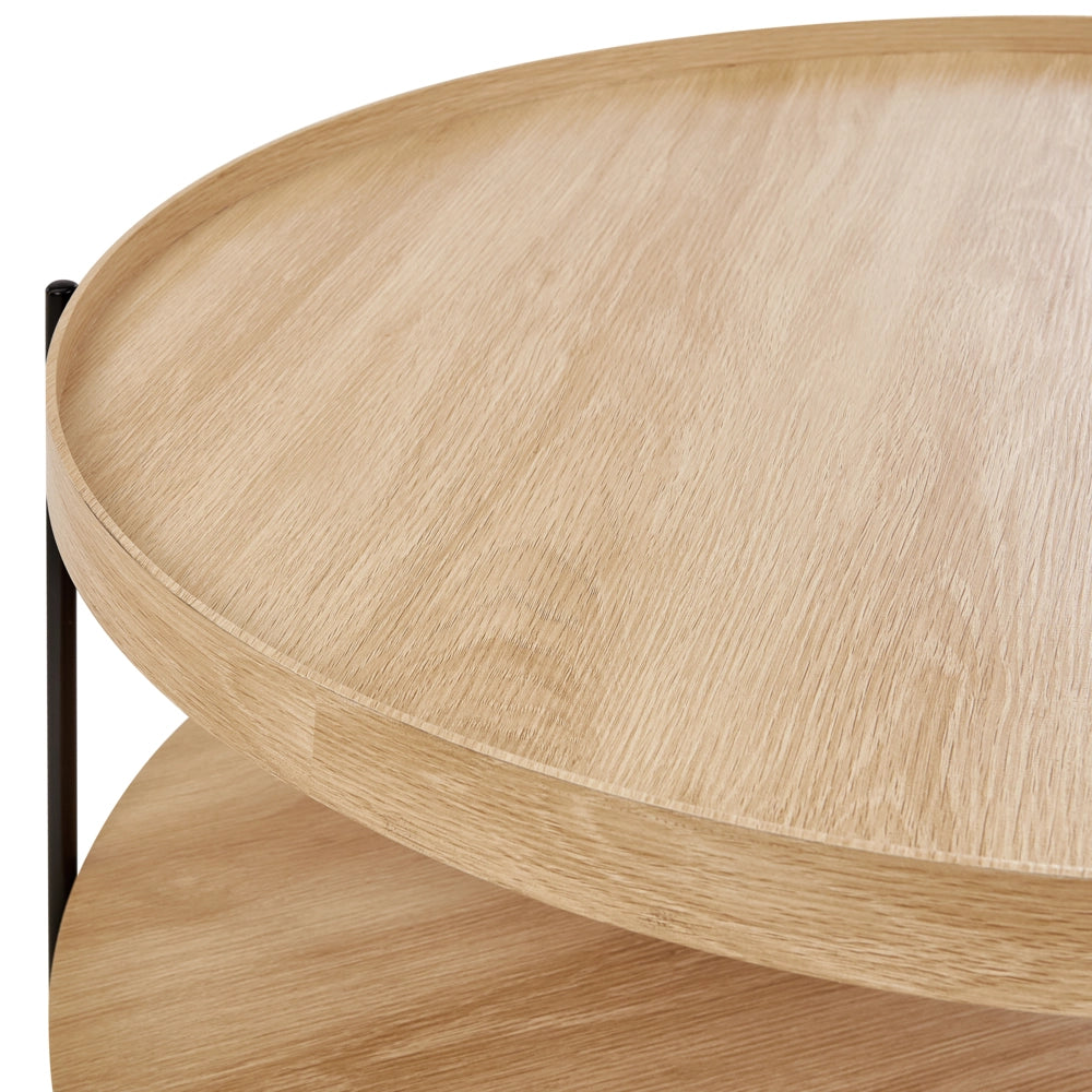 Tavolino con struttura in metallo e 1 ripiano rotondo in legno chiaro stile moderno