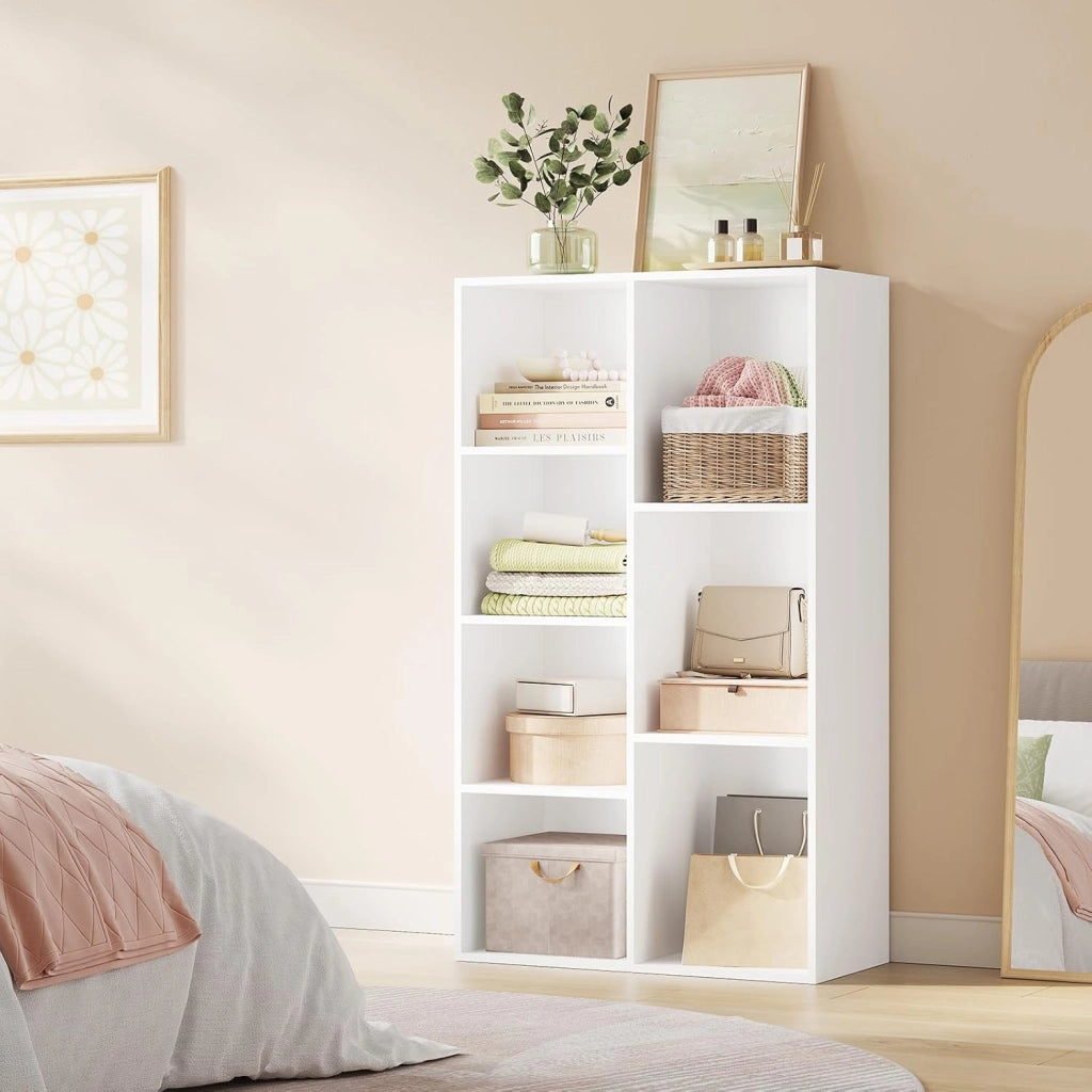 Libreria Bianca con 7 Scomparti a Giorno, Scaffale Moderno in Legno, Mobile Porta Libri Portaoggetti, Salvaspazio, per Ufficio, Studio, Salotto 59,5x29,5x108cm, SK004ws