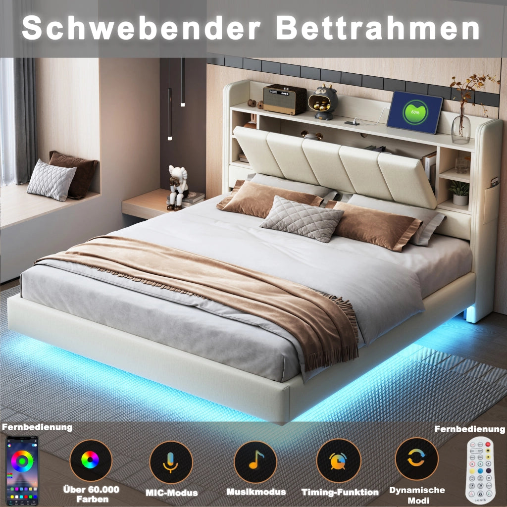 LETTO 140x200 cm Beige con LED e USB