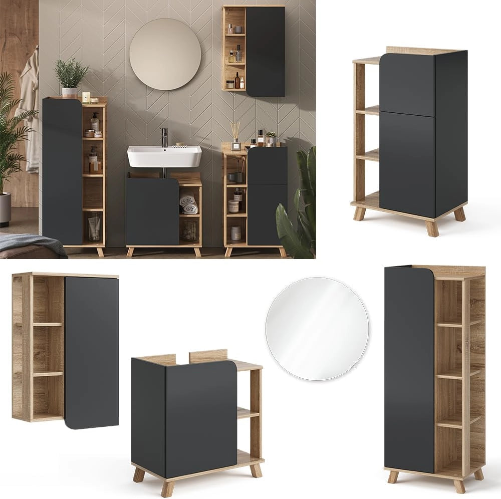 Set di mobili da bagno Karen, Sonoma/antracite, 60 cm, composto da mobile sottolavabo, specchiera, colonna, base media e pensile