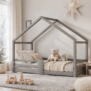Letto per bambini a forma di casetta in legno di pino grigio 90 x 200 cm, senza materasso