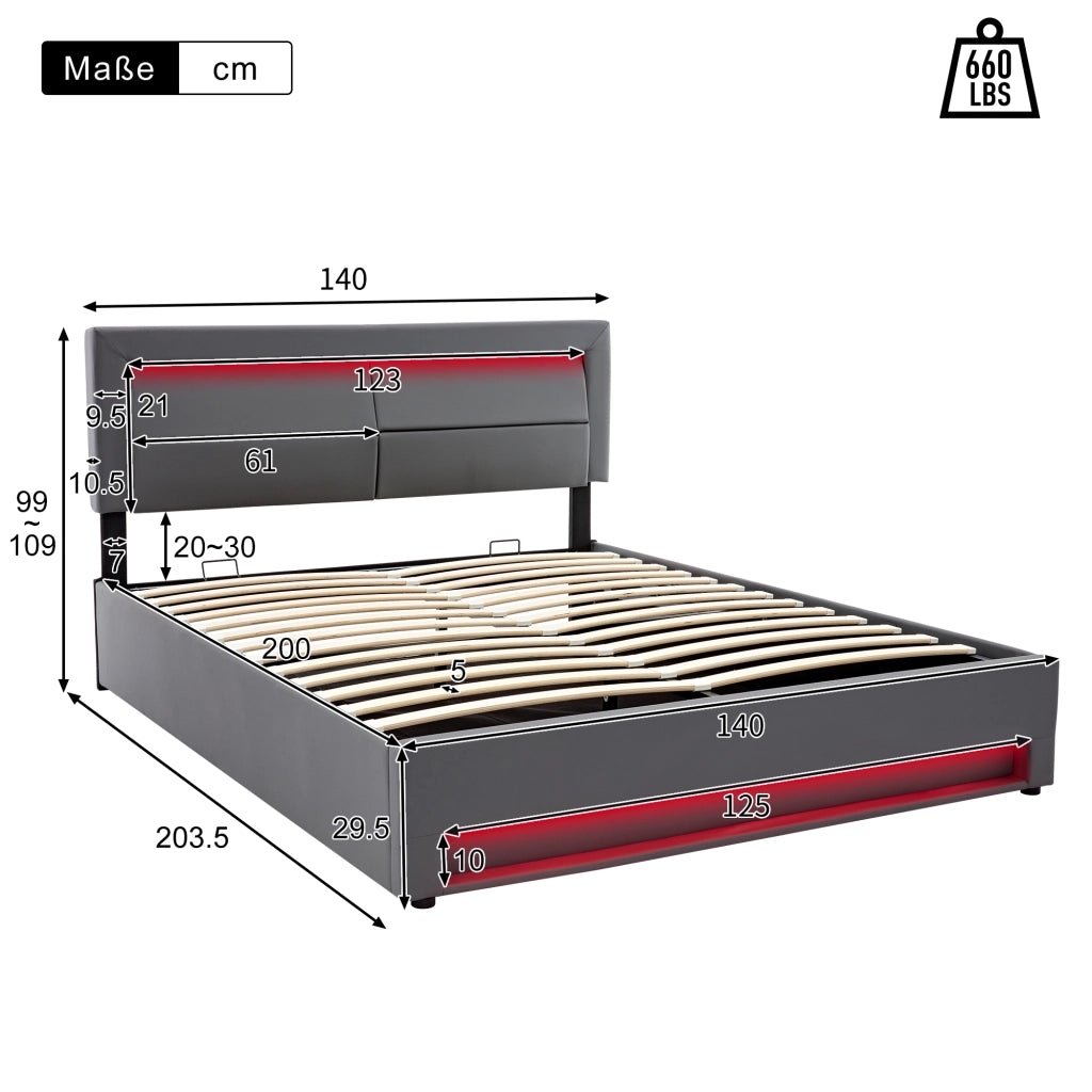 Letti contenitori 140x200 cm; con USB; LED e spazio contenitore; PU grigio (Senza materasso)