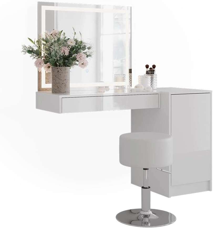 Tavolo da toeletta Sherry, Bianco/bianco lucido, 120 cm 4 parti, con illuminazione LED e specchio integrato