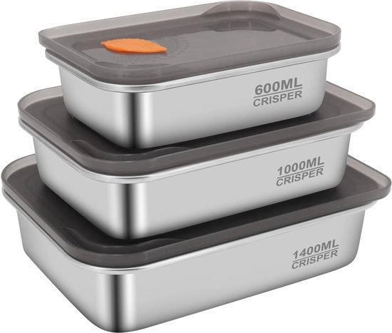 Contenitori alimentari in acciaio inossidabile con coperchio, contenitori per snack, contenitori alimentari metallici imbevibili per cucine da ristorante, congelatori, buffet (600ml+1100ml+1400ml)