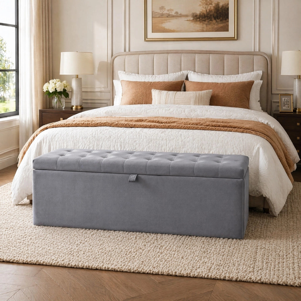 Panca contenitore in velluto grigio 138 x 41 x 42 cm