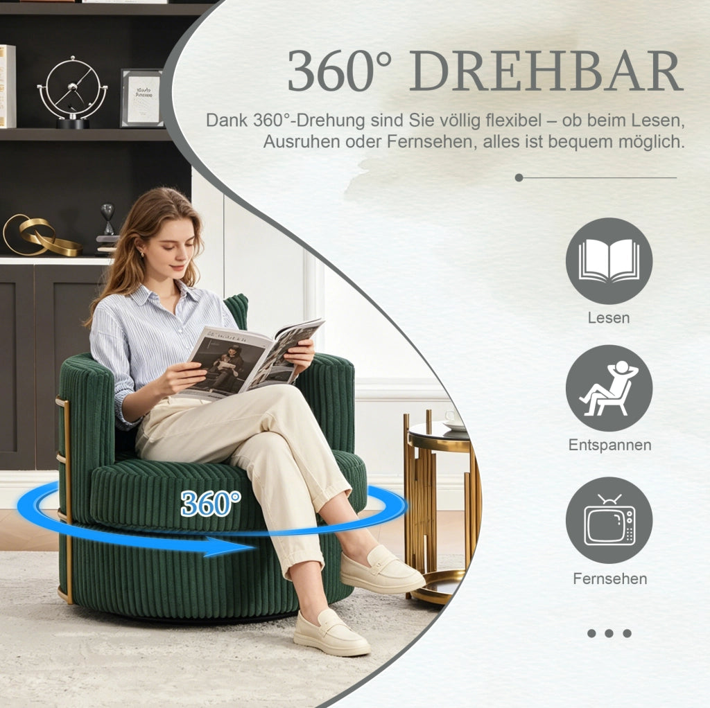 Poltrona girevole 360° in velluto a coste verde smeraldo