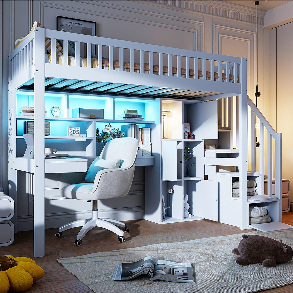 Letto mezzanino 90x200cm - Xylo - bianco, LED, scrivania, cassetti EN747