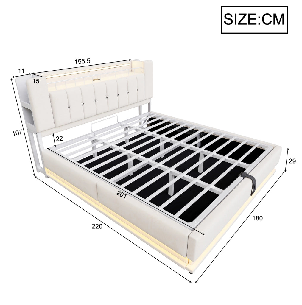 Letto imbottito 180 x 200 cm beige con LED, USB e vano contenitore idraulico