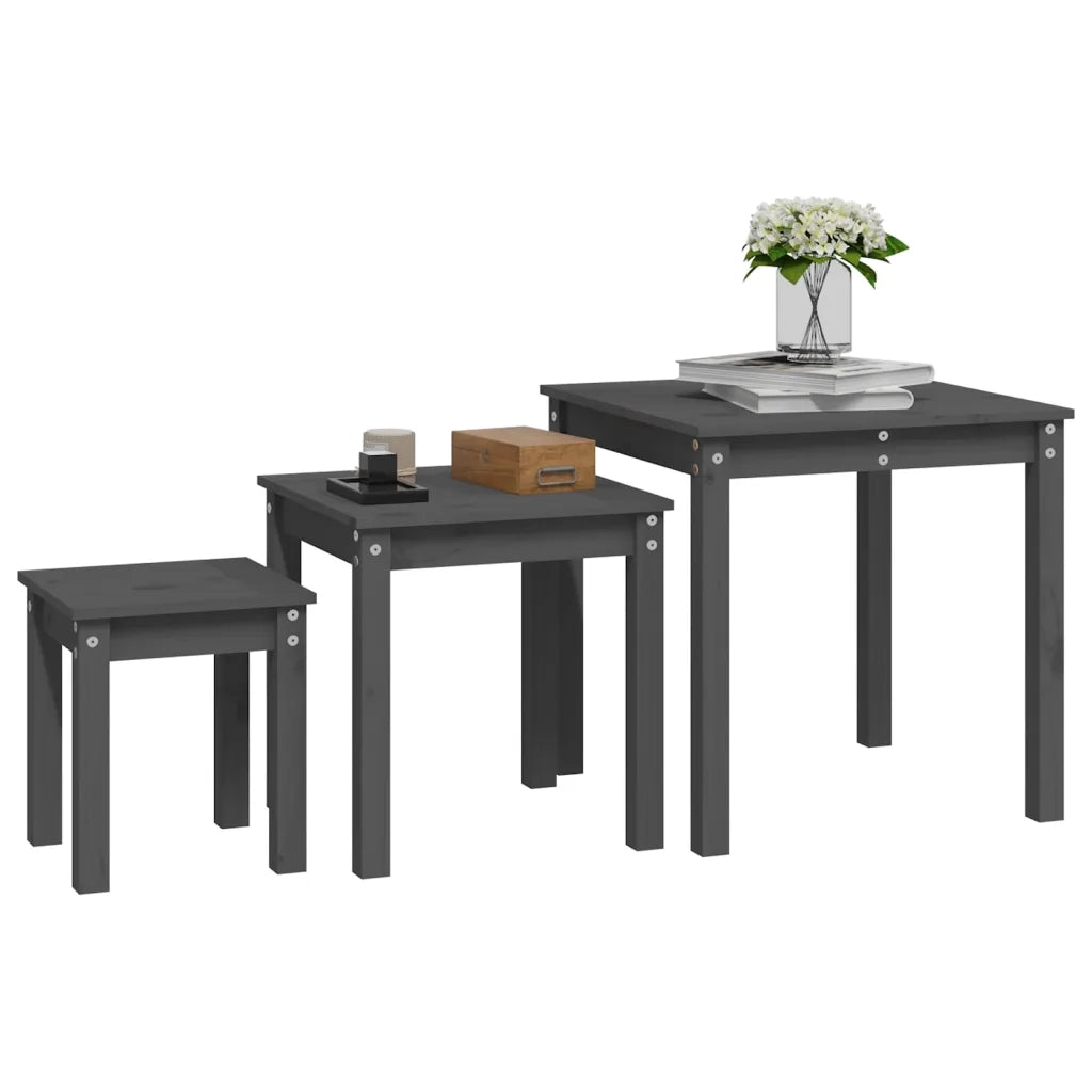 Tavolini a Incastro 3 pz Grigio in Legno Massello di Pino cod mxl 16676