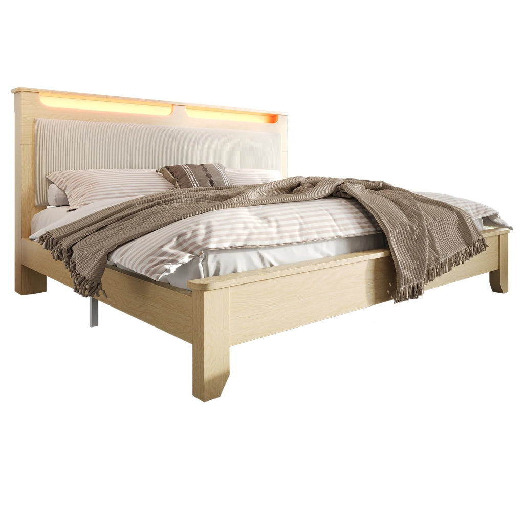 Letto matrimoniale 160x200 cm effetto rovere con LED; testiera contenitore; schienale in velluto a coste beige e rete