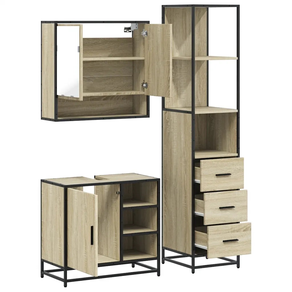 Set Mobili da Bagno | Armadio da bagno 3 pz Rovere Sonoma in Legno Multistrato