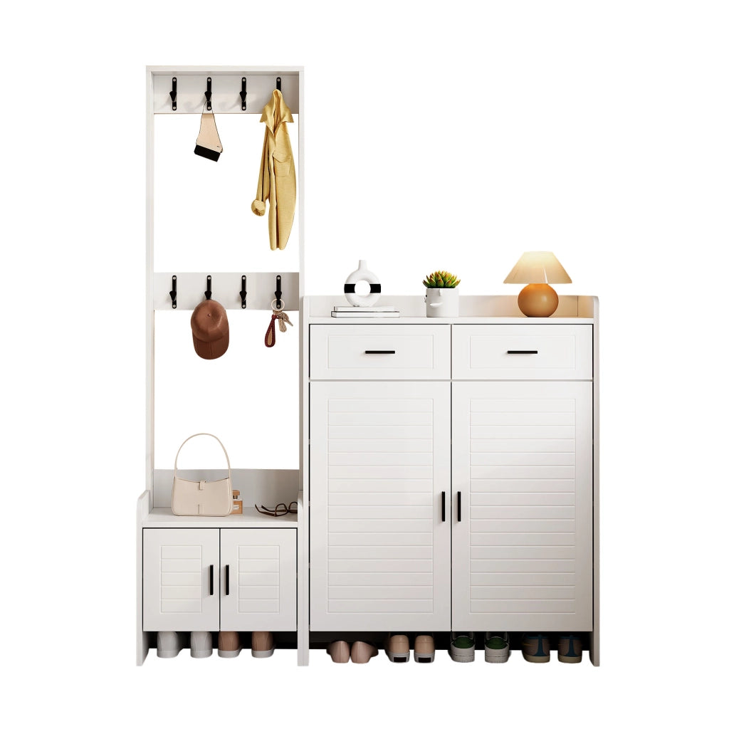 Mobile ingresso con 2 cassetti; 2 ante; 6 ripiani e 8 ganci; con vano aperto; per ingresso e corridoio; bianco; 125 Ã— 36 Ã— 165 cm
