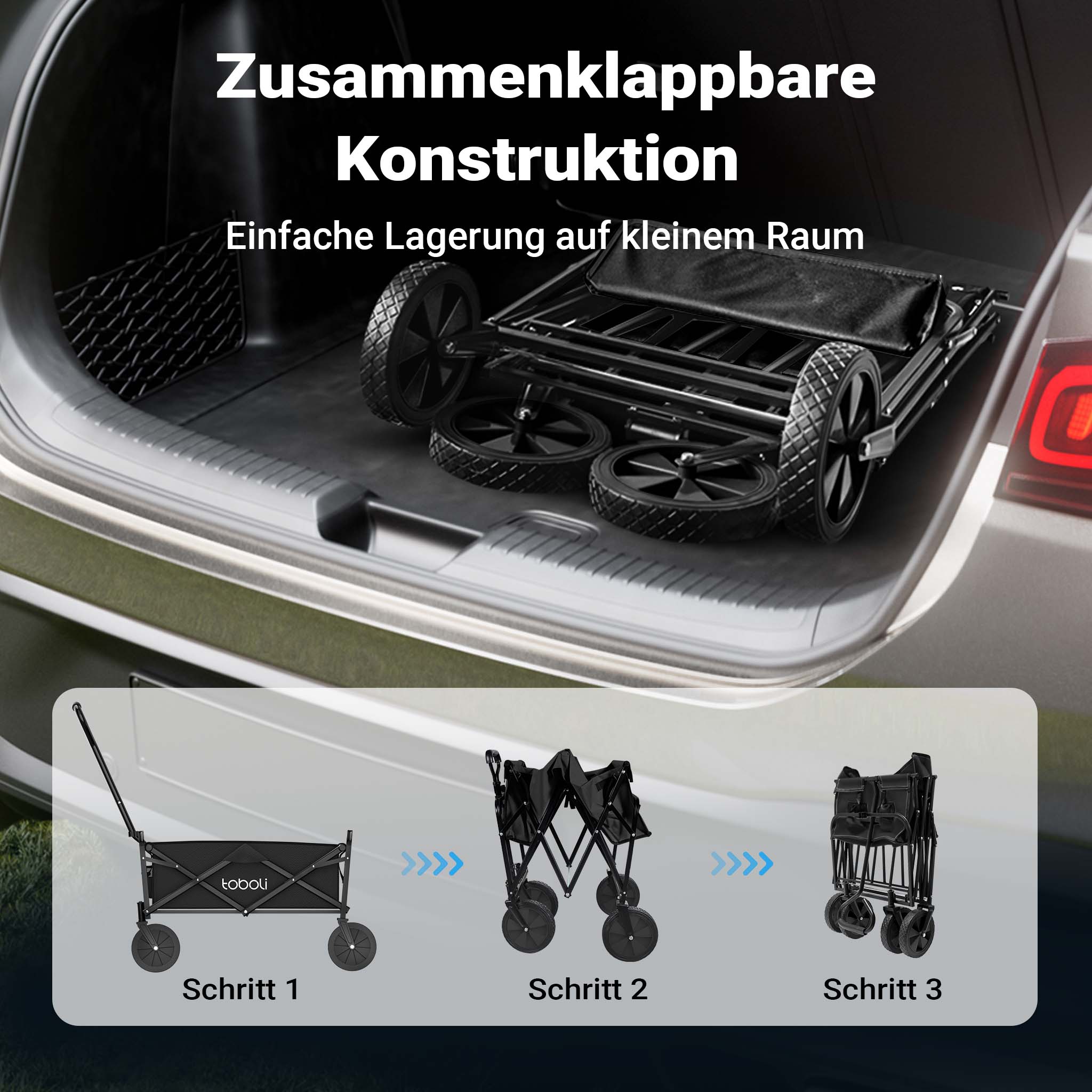 Toboli Carretto a mano pieghevole, max 100 kg, tessuto impermeabile nero, Carrello spiaggia