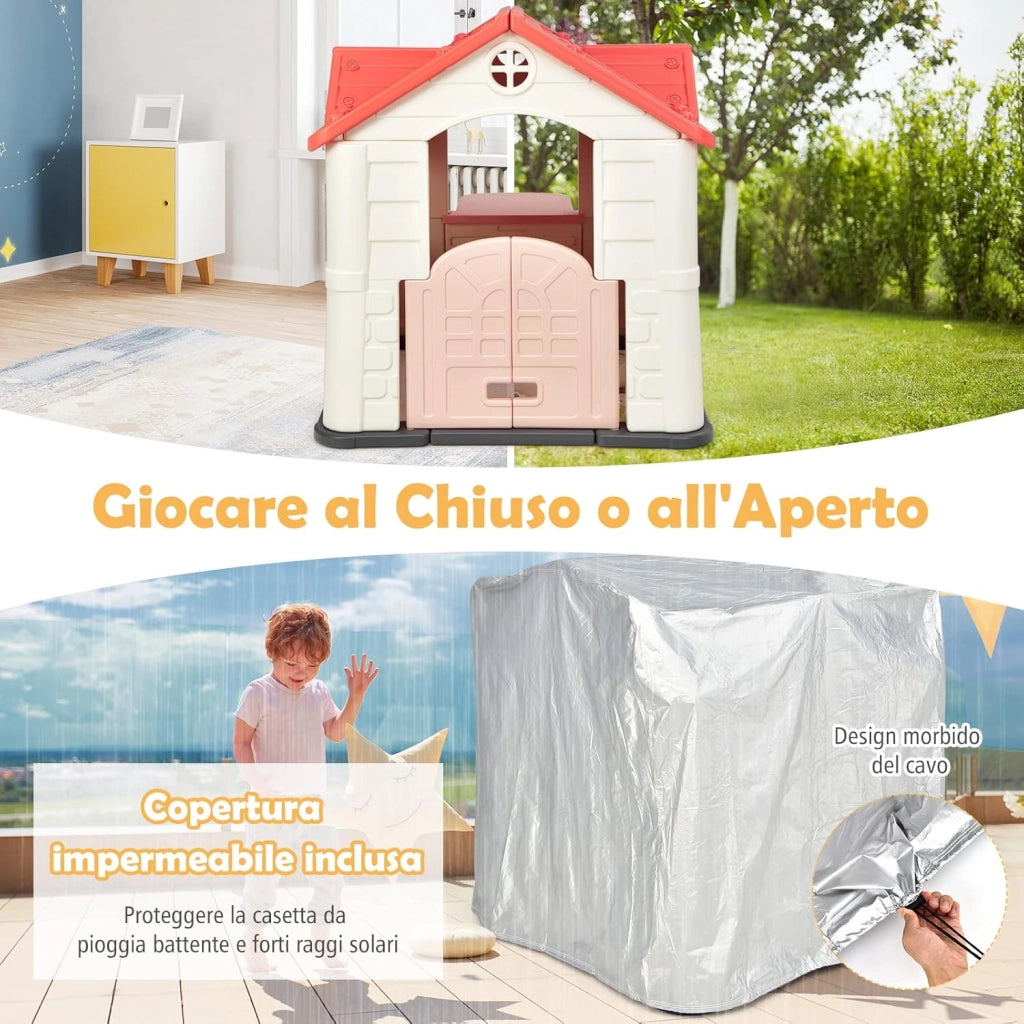 Casetta per Bambini con Porte e Finestre, Casetta Giocattolo con Tavolo, Set Giocattolo con 7 Pezzi, Ideale per Bambini 3-8 Anni, 164x124x132 cm (Rosa)